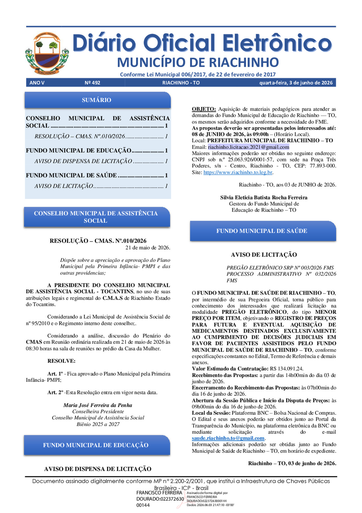 Diário Oficial N° 492
