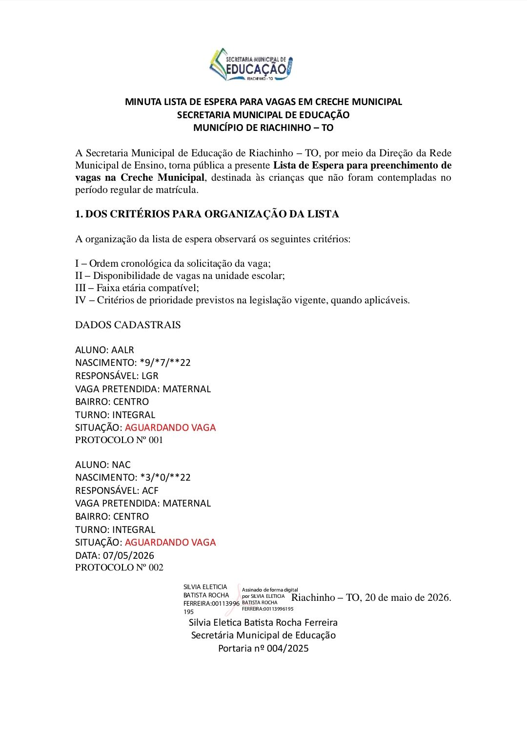 MINUTA LISTA DE ESPERA CRECHE MUNICIPAL .